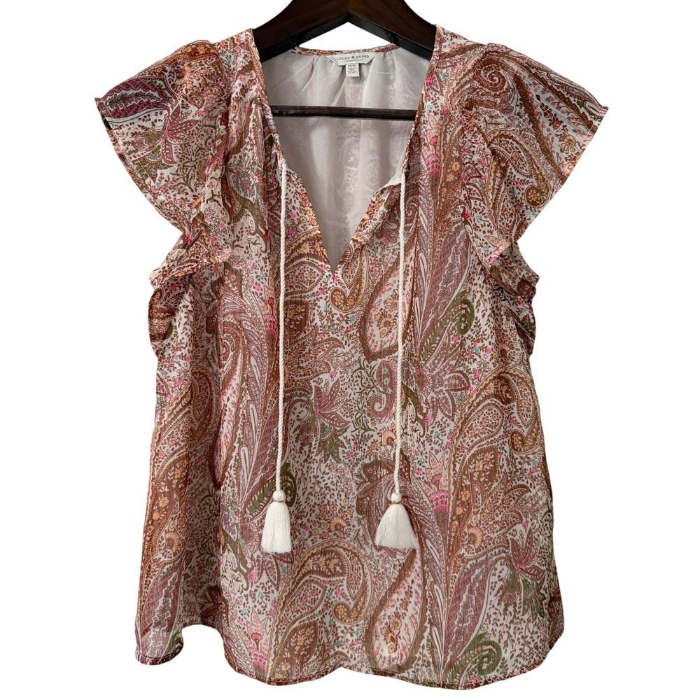 Lucky Brand Paisley Tassel V Neck Flutter Sleeve Blouse Top Medium